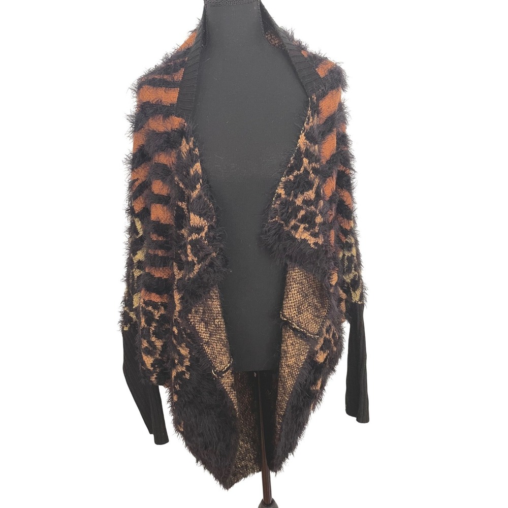 MaxSport LA Fuzzy Eyelash Cardigan Women S/M Black Orange Animal Print Boho Wrap